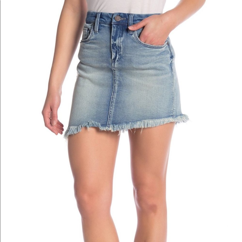 Blank NYC Light Denim Asymmetrical Frayed Skirt